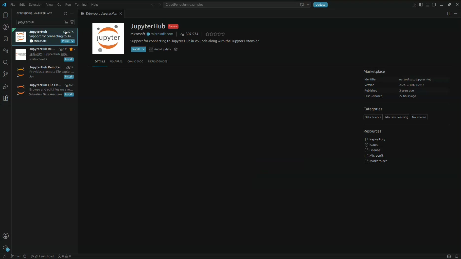 Searching for jupyterhub in the Extensions Marketplace