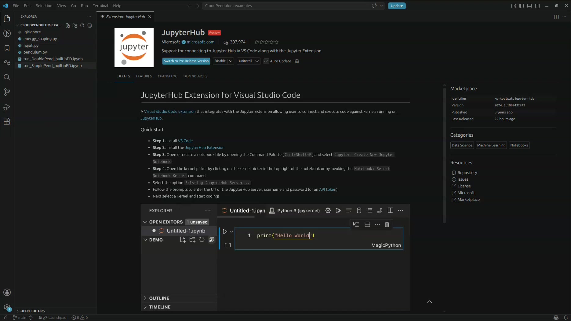 JupyterHub extension installed with Quick Start guide