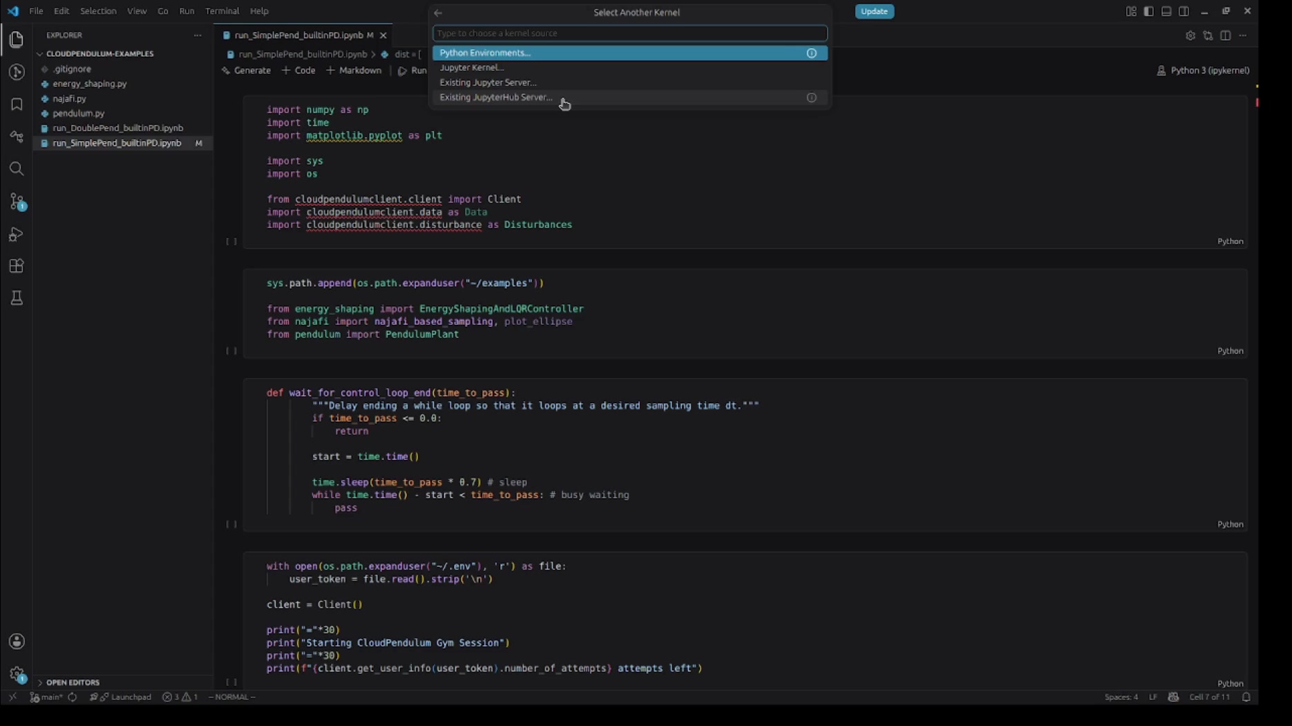 Kernel picker showing Existing JupyterHub Server option