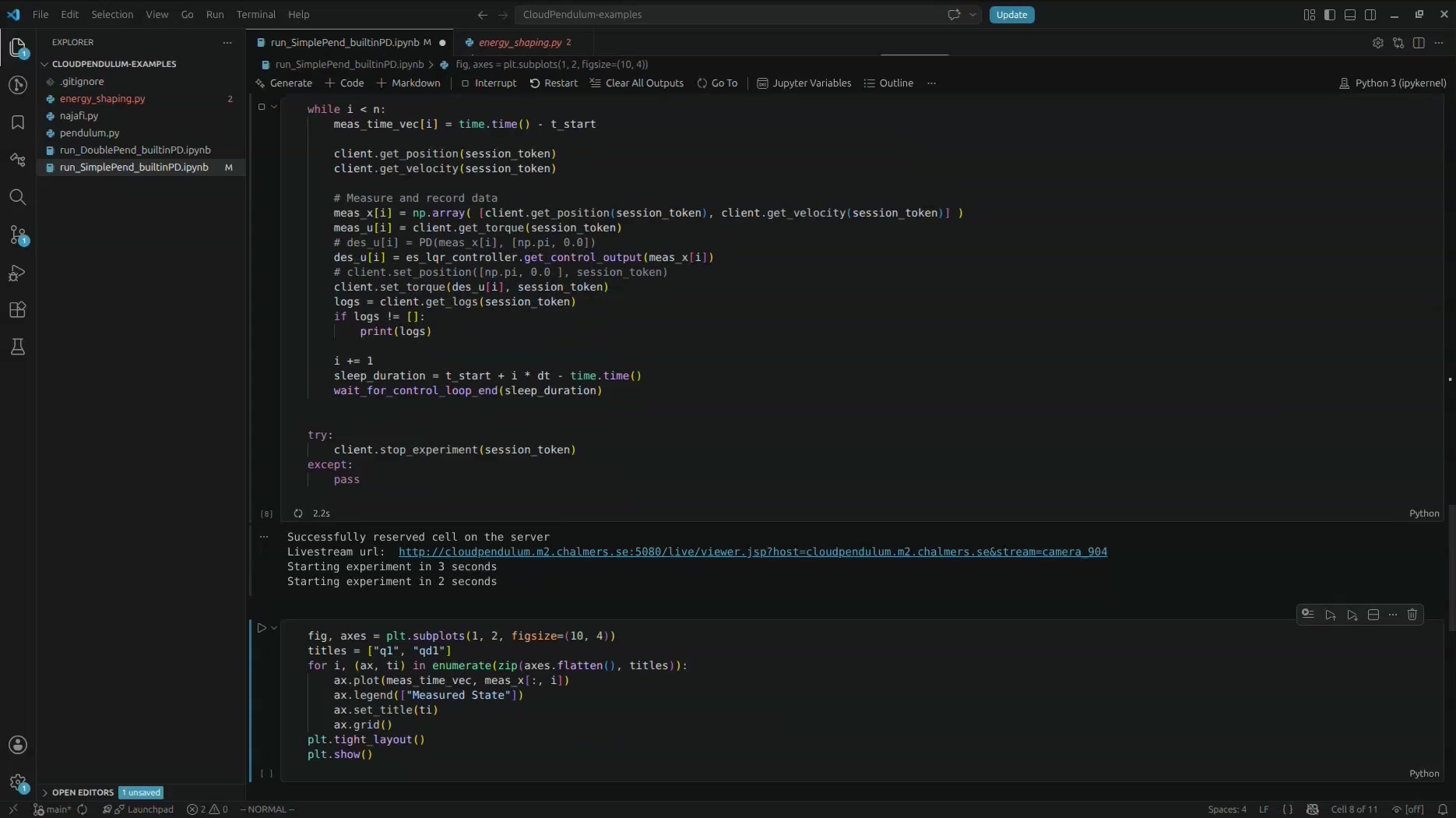 Experiment running successfully with server output and livestream link